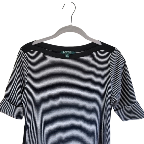 Lauren Ralph Lauren Striped Boatneck Top Black White Old Money Sz L Nautical - Picture 2 of 12